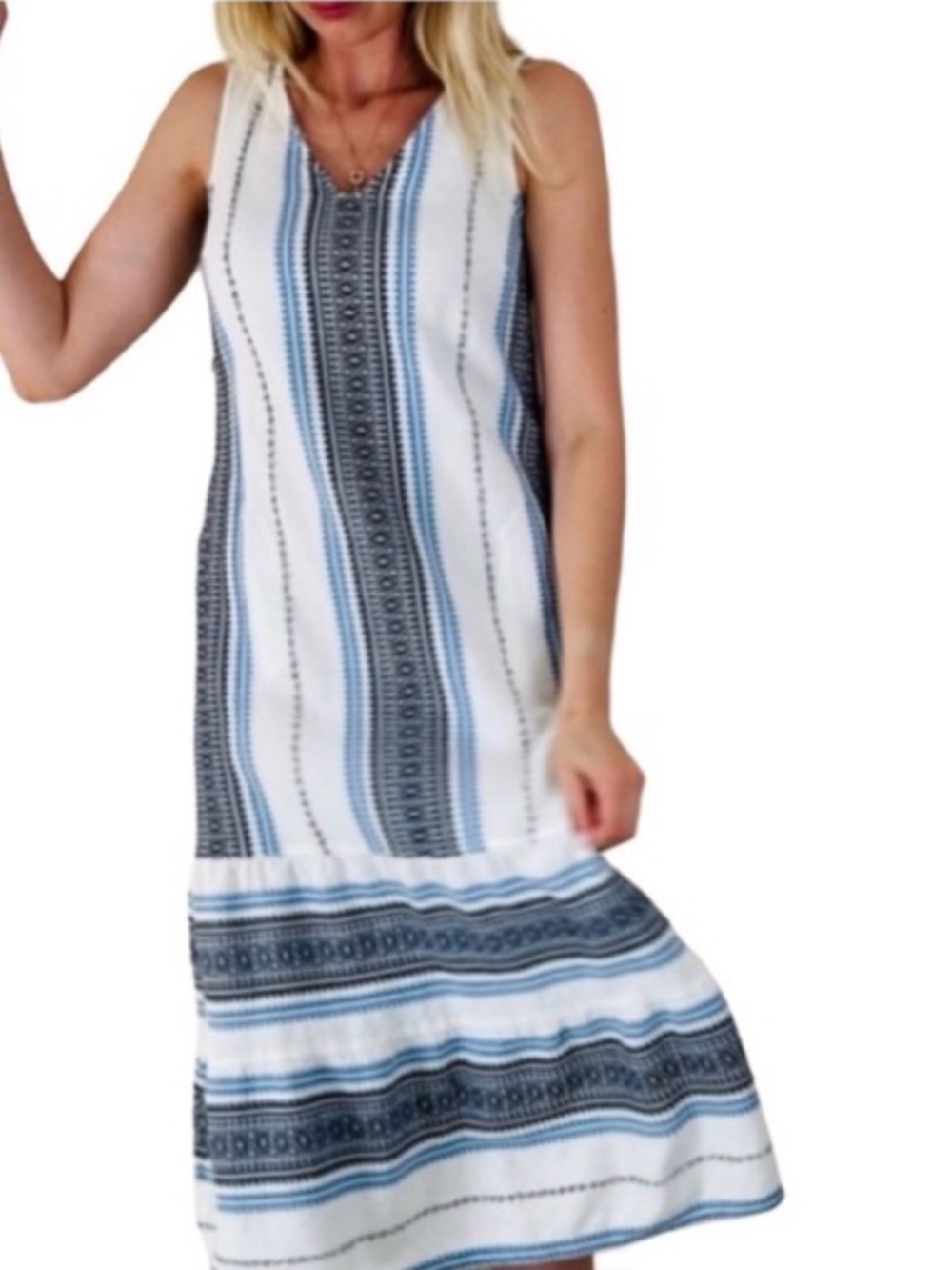 NWOT Boho J Jill Blue White Cotton Embroidered Tiered Midi Summer Dress size 2x